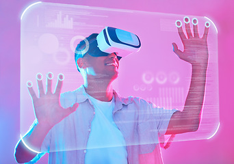 Image showing Vr, 3d futuristic and man in metaverse exploring a cyber world. Digital transformation, virtual reality and male touching ux button, data overlay or ai app, graphics or software on pink background.