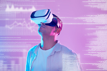 Image showing Vr, futuristic data and man in metaverse exploring a cyber world with charts, statistics and info. Digital transformation, virtual reality or male with neon graphics, trading or stock market software