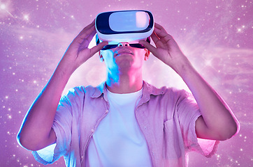 Image showing Futuristic, virtual reality and man in universe space on 3d technology headset. Vr metaverse, pink neon and male exploring a future cyber galaxy, aerospace or stars, gaming and ai simulation online.