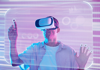 Image showing Data, vr futuristic and man in metaverse exploring a cyber world. Digital transformation, 3d virtual reality and male touching or pressing ux button, information or ai, dashboard or software app.