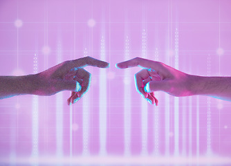 Image showing Metaverse, touching and hands of people in digital world for connection, communication and social network. Futuristic, neon and fingers for vr experience, connectivity and creative innovation