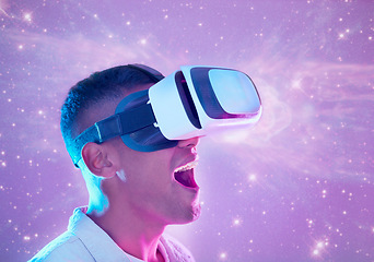 Image showing Wow, futuristic and man in vr universe exploring a cyber space world. Surprise, shock and male in virtual reality, metaverse or exploration of galaxy stars, neon and simulation with 3d technology.