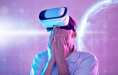 Image showing Futuristic, wow and man with vr planet exploring a cyber space world. Surprise, shock and male in virtual reality, metaverse or exploration of galaxy stars, neon and universe simulation with 3d tech.