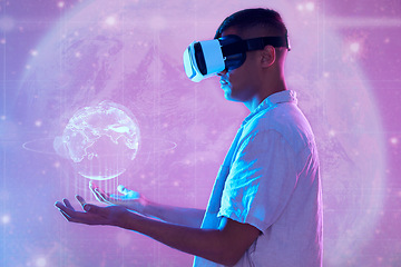 Image showing Vr, metaverse and man with globe hologram for networking, connection and digital transformation. Neon world, futuristic technology and male holding 3d earth with virtual reality software on headset.