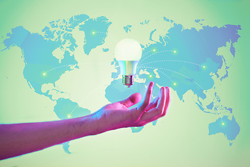 Image showing World map, lightbulb and hand for idea, sustainability and networking in digital, data exchange and connection. Energy saving, worldwide power and future of internet, electricity and iot technology