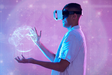 Image showing Metaverse, vr and man with globe hologram for networking, connection and digital transformation. Neon world, futuristic technology and male holding 3d earth with virtual reality software on headset.