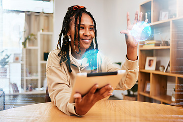 Image showing Tablet, world and woman with globe hologram for virtual elearning, 3d globalization and future learning innovation. Knowledge development, overlay data and black student study global education growth