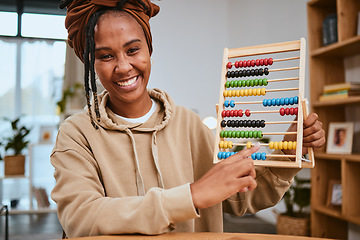 Image showing Black woman, teacher and math with elearning portrait for education, teach with abacus for learning and internet. Online class, study and school webinar with live streaming, numbers and teaching