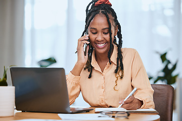 Image showing Black woman, laptop and phone call notes for online communication, planning strategy or writing in notebook. African girl, smile and talking on smartphone call for business schedule with tech device