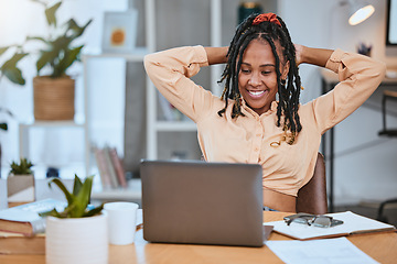 Image showing Black woman, laptop and relax stretching reading online email communication and planning break in home office. African girl, corporate happiness and rest with digital tech device for web design