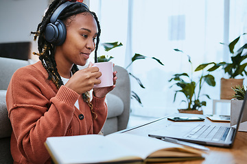 Image showing Elearning, studying and woman with laptop and coffee for education, university work and virtual course. Email, happy and online student with tea reading feedback on a project on a computer in a house