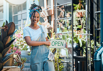 Image showing Flowers, open sign and florist portrait of woman, startup small business owner or store manager with retail sales choice. Commerce shopping service, plant market or African worker with garden product