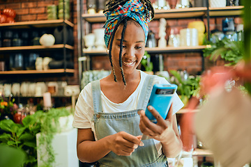 Image showing Credit card, pos payment or florist woman, startup small business owner or manager with retail sales product. Commerce shopping service, flower store or African worker with financial fintech purchase