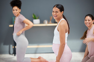 Image showing Pregnant, yoga or women in class laughing in training, body exercise or fitness workout in house studio. Pregnancy, wellness or healthy funny friends with a happy smile in maternity training at home