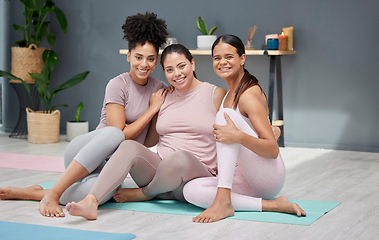 Image showing Pregnant, portrait or women in yoga class with a happy smile ready for exercise or fitness workout in studio. Pregnancy, relaxing or healthy friends hugging or bonding in maternity start training