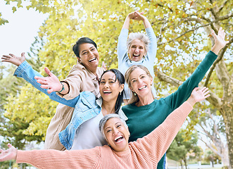 Image showing Senior retirement, portrait and hands up in fun game, goofy activity or silly energy for comic profile picture on social media. Smile, happy women and diversity elderly friends in nature park bonding