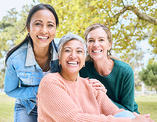 Image showing Retirement, women or bonding portrait on profile picture, social media or lifestyle freedom blog in relax environment. Smile, happy or elderly senior friends in nature park, grass garden or community