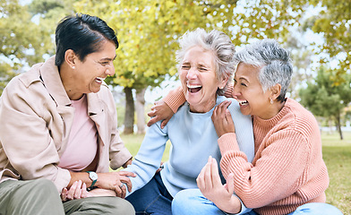 Image showing Senior women, laughing and bonding in comic joke, funny meme or silly story in nature park, grass garden or environment. Smile, happy and diversity elderly friends with humour in relax retirement fun