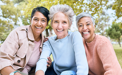 Image showing Retirement, friends or bonding portrait on profile picture, social media or lifestyle freedom blog in relax environment. Smile, happy or elderly senior women in nature park, grass garden or community