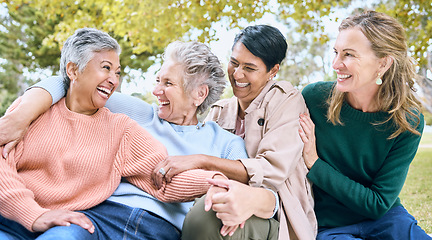 Image showing Happy senior women, laughing or bonding in nature park, grass garden or relax environment in retirement, support or trust. Smile, diversity or elderly friends in comic joke, funny meme or emoji face