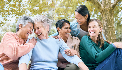 Image showing Happy senior friends, laughing or bonding in nature park, grass garden or relax environment in retirement, support or trust. Smile, diversity or elderly women in comic joke, funny meme or emoji face