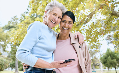 Image showing Senior women portrait, hug or phone in nature park, garden or relax environment for social media, profile picture or memory. Smile, happy friends or bonding retirement elderly on mobile technology