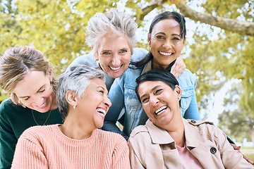 Image showing Senior women, laughing or bonding in nature park, public garden or relax environment in retirement, support or trust. Smile, happy or diversity elderly friends in comic joke, funny meme or emoji face