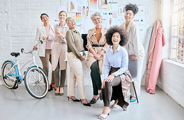 Image showing Fashion, designer teamwork and portrait of women in workshop for creative partnership. Group collaboration, startup and senior female tailors in boutique with vision, mission and success mindset.