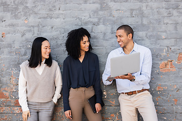 Image showing Job interview, team building or startup people with laptop for digital agency recruitment, business meeting or hiring team. Collaboration or happy employee for cyber security or social media SEO work