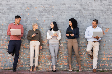 Image showing Recruitment, people group and brick wall for job search, hiring and internship on multimedia technology. Black people, woman or friends talking of career application and a we are hiring post