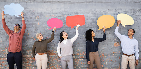 Image showing Speech bubble, communication and news with business people and mockup for social media, vote and review. Design, contact and chat sign with employee and board at brick wall for voice and opinion