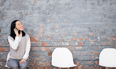 Image showing Phone call, chairs and Asian woman in interview waiting room with smartphone, recruitment and employment with smile. Portrait of happy person in Japan sitting on chair, smiling and networking for job