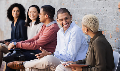 Image showing Happy, recruitment or startup people for digital agency job interview, business meeting or hiring team. Teamwork, collaboration or happy employee for cyber security, tech and social media SEO work