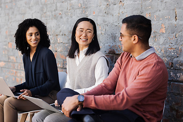 Image showing Recruitment, happy or startup people for digital agency job interview, business meeting or hiring team. Teamwork, diversity or employee with smile for cyber security, tech and social media SEO work