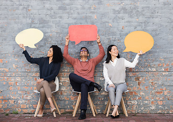 Image showing Speech bubble, survey and question with business people and mockup for social media, vote and review. Design, contact and chat sign with employee and board at brick wall for voice, opinion and idea