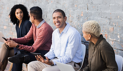 Image showing Recruitment, portrait or startup man with smile in digital agency job interview, business meeting or hiring team. Teamwork or happy employee for cyber security, tech or social media SEO work in lobby