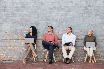 Image showing Happy, success or startup people for digital agency job interview, business meeting or hiring team. Teamwork, recruitment or happy employee for cyber security, technology and social media SEO work