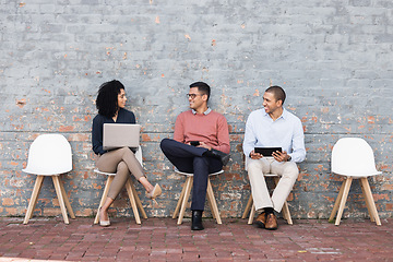 Image showing Diversity, recruitment or startup people in corporate lobby for business meeting, job interview or hiring team. Teamwork, collaboration or employee happy for cyber security, tech or digital work