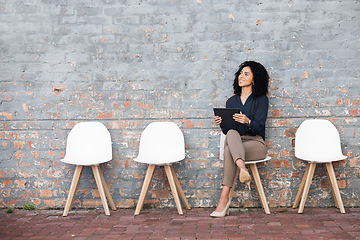 Image showing Thinking, recruitment and woman with a tablet for an interview, communication and information. Happy, thoughtful and employee with technology for hiring process, inspiration and idea for a job