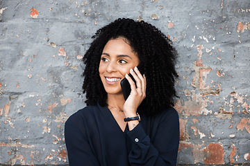 Image showing Black woman, phone call and business contact for communication, contact us and 5g connection. Face of a happy entrepreneur person talking on a smartphone for networking outdoor on brick wall