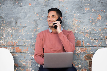Image showing Phone call, interview and man on brick wall, sitting in line for hr news, job opportunity and recruitment success. Smartphone, waiting room and person technology for career networking and job search