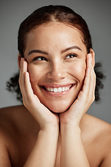 Image showing Skincare beauty, face and woman in studio isolated on a gray background. Makeup cosmetics, thinking and happy female model satisfied with spa facial treatment for healthy, glowing and flawless skin.