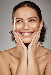 Image showing Face portrait, skincare and beauty of woman in studio isolated on a gray background. Thinking, makeup cosmetics and happy female model satisfied after spa facial treatment for healthy or glowing skin