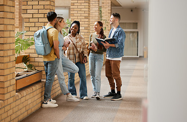 Image showing Learning, friends and college with students talking on campus with books for education, scholarship or knowledge. Study, future or university with people for back to school, academy and exam goal
