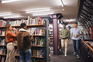 Image showing Students, reading or library books for college education, university learning or school studying. Smile, happy men or women in bookstore for textbook research, scholarship degree goals or group study