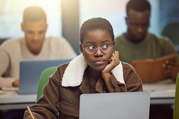 Image showing Student stress, anxiety or fear in exam, test or classroom lesson on laptop in university, school or college campus. Black woman, crsis or problem on technology studying or education learning burnout