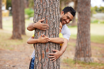 Image showing Nature, environment and people hug trees for save the planet, deforestation or community support project. Earth day sustainability, eco friendly NGO charity and happy volunteer protect natural growth