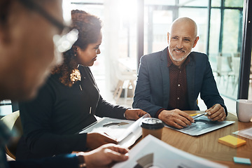 Image showing Business meeting, team and planning in office for strategy discussion, vision or success. Happy corporate group, woman and businessman for collaboration at financial agency for goal, target or budget