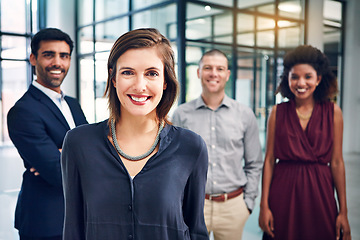 Image showing Business woman, team leader and management portrait in office with motivation for growth. Face of corporate men and women together for diversity, vision and support for leadership in happy workplace