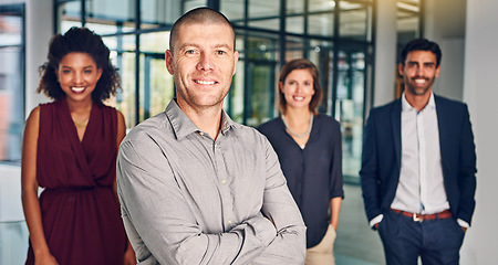 Image showing Business people, executive and team portrait with diversity, businessman leader, smile and happy in career. Manager, professional group and collaboration, international and working together with CEO